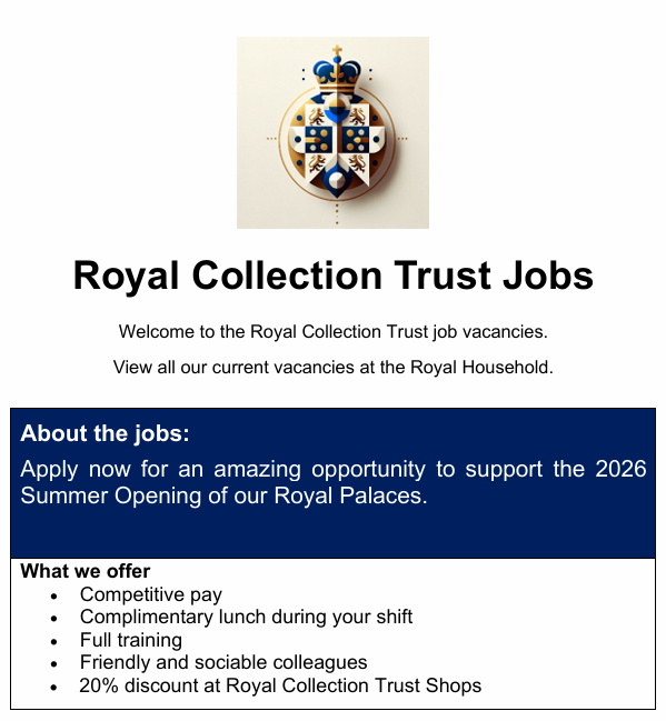 Royal Collection Trust Stellenanzeige mit Wappen, Titel und Kurzinfos zu Jobs und Vorteilen
